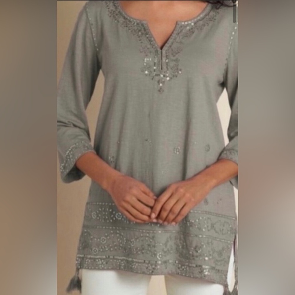 Soft surroundings safe green sequin tassel tunic XS boho embellished 100% cotton